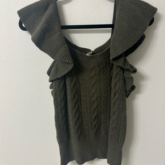 Olive Green Cable Knit Sweater with Ruffle Details - Picture 1 of 3